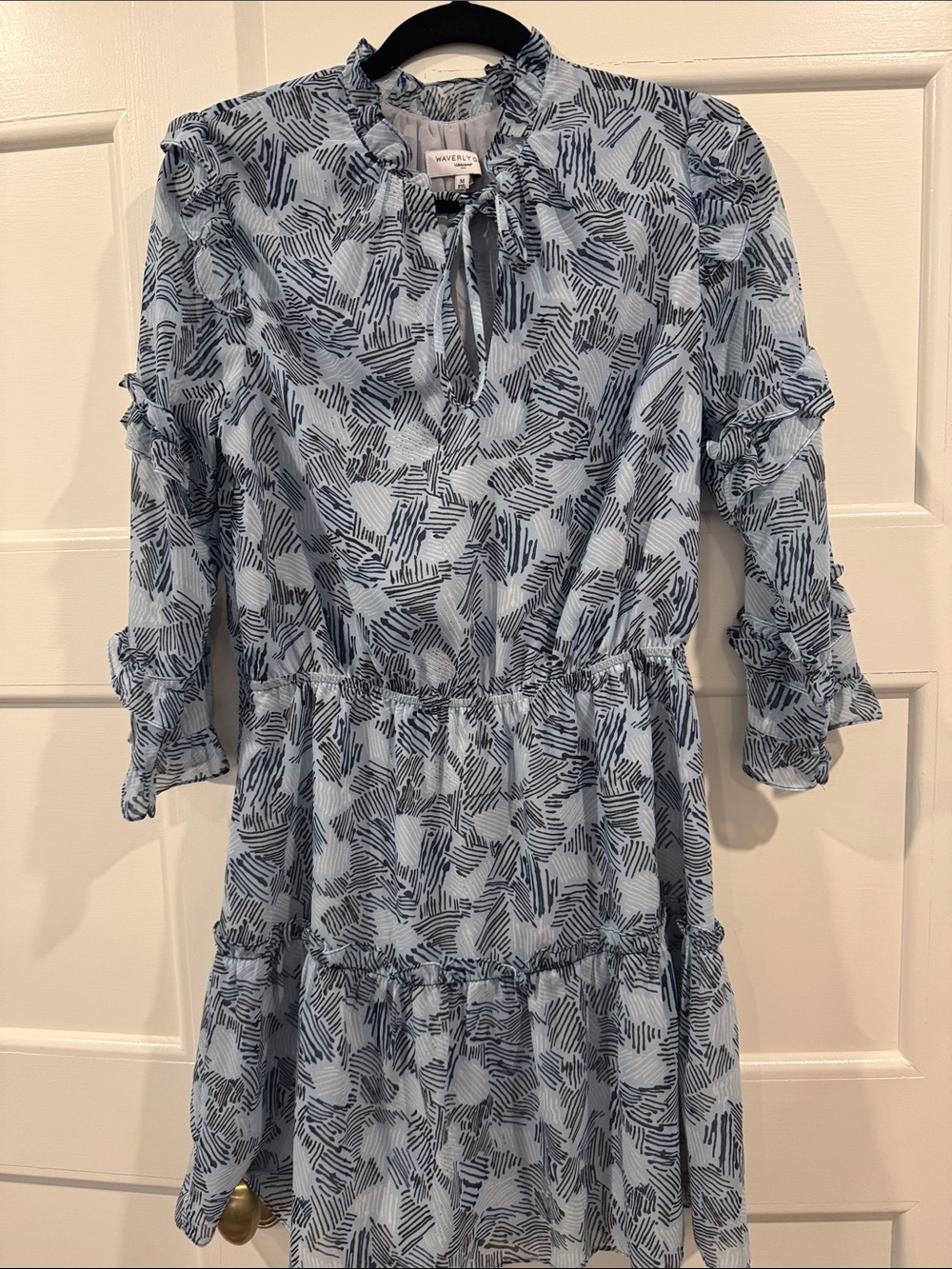 Waverly Grey Blue Print Ruffled Dress Size Medium